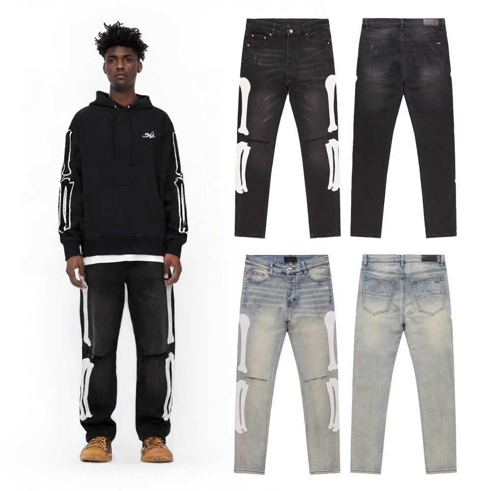 Y2k Clothes Hip-Hop Bones Embroidery Slim Fit Jeans Streetwear Ripped Rock Revivals Jeans Distressed Casual Pants Mens Clothing T260410