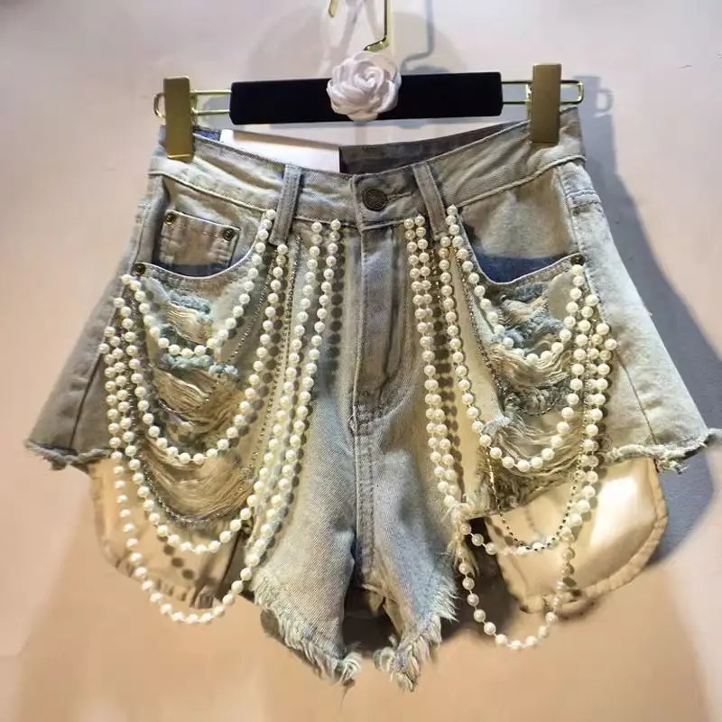 Trendy Womens Spliced Heavy Industry Pearl Chain Denim Shorts 2026 Summer High Waist Aline Short Pants Female 260613
