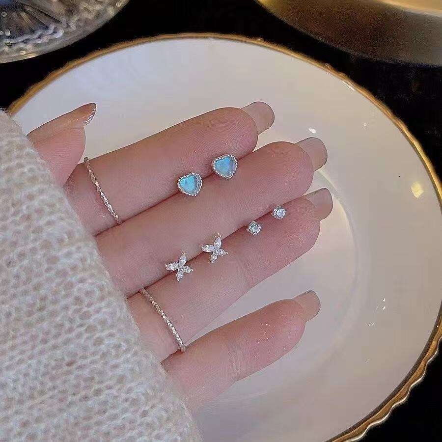 Ear piercing s925 silver needle small earring set, aurora radiant moonstone, exquisite, compact, simple women's new earrings
