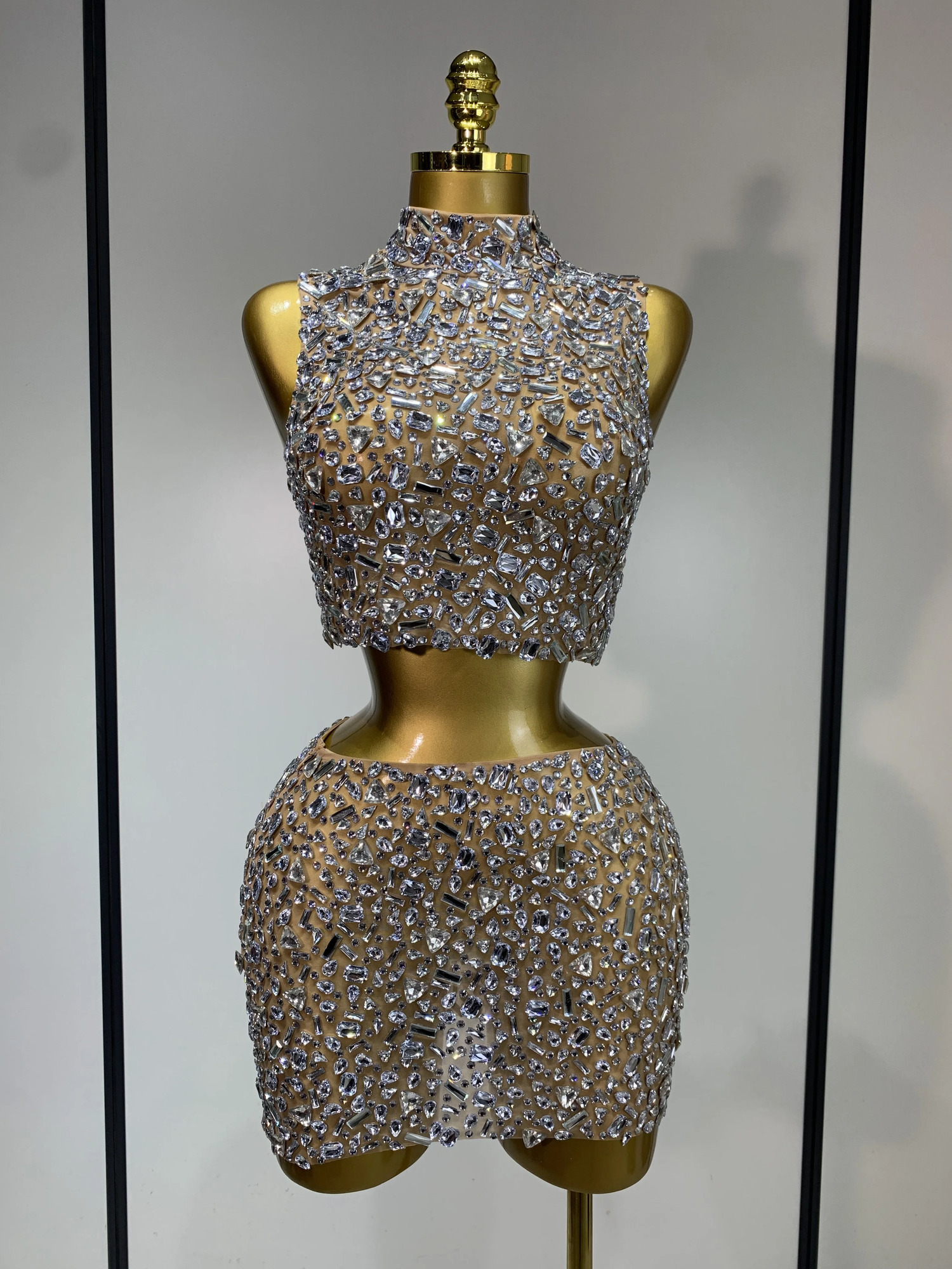 High Quality Sparkling Rhinestone Sexy See Through Blackless Top Skirt Two Pieces Set Woman Birthday Evening Party Gowns 260612