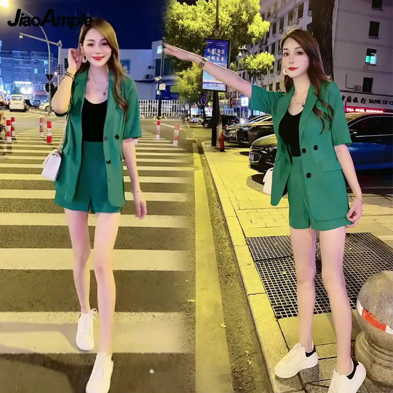 Womens Summer Suit 2026 Casual Jacket Shorts Two Piece Korean Fashion Elegant Blazers Pants Set Female Trouser Clothes 260613