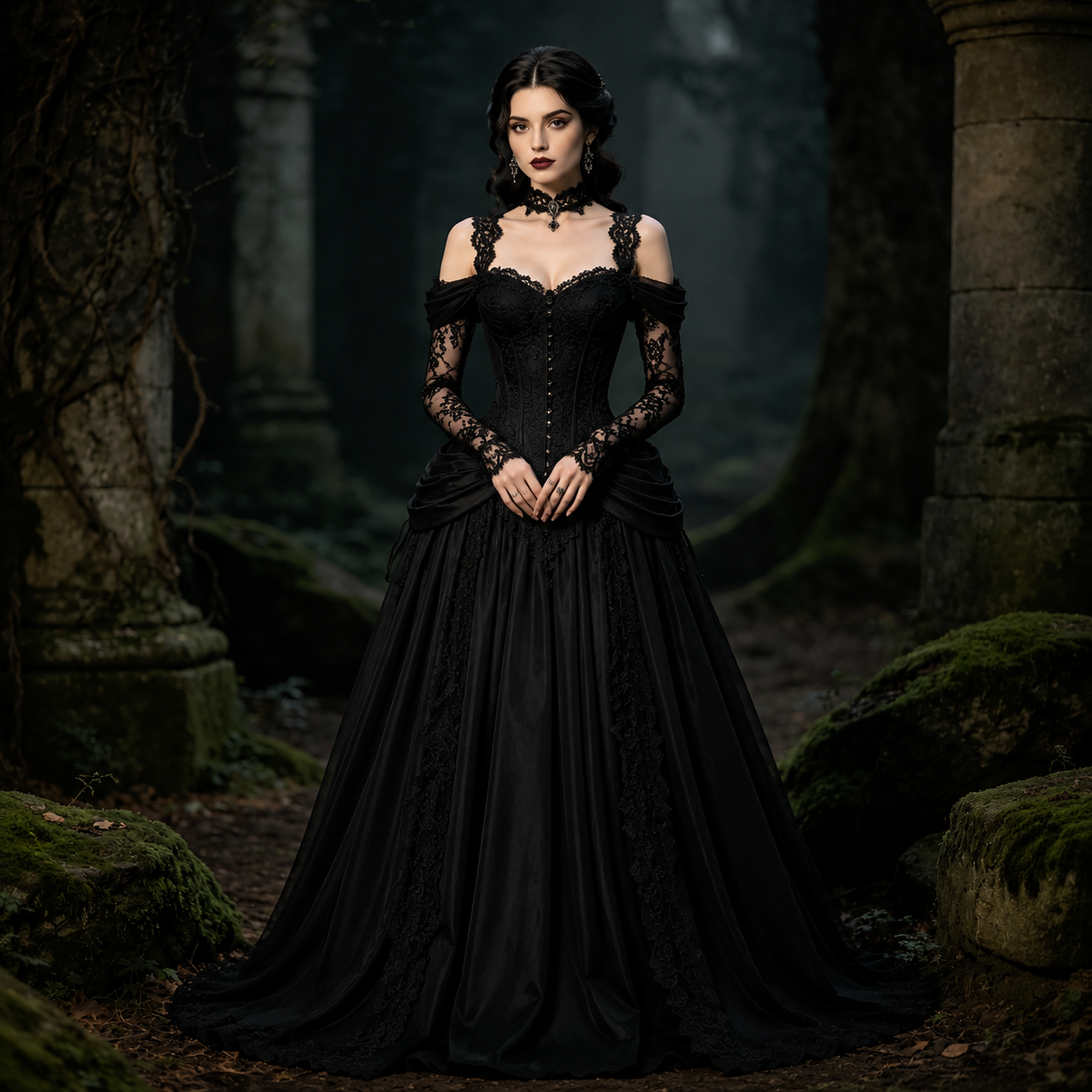 Retro Black Victorian Gothic Wedding Dresses Ruched A-Line Corset Long Bridal Gowns Lace Appliques Off Shoulder Long Sleeve Bride Dress Back Lace-Up