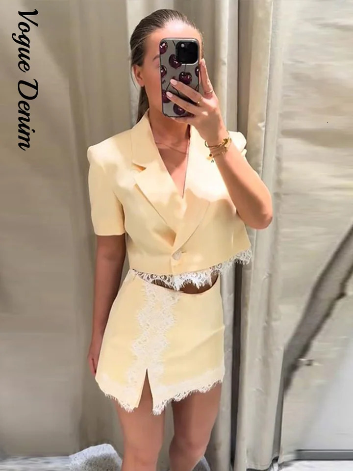 Casual Lace Short Jacket Shorts Suit Women Patchwork Lapel Jackets Split Short Pants Set Female Fashion Summer Lady Sets 260612