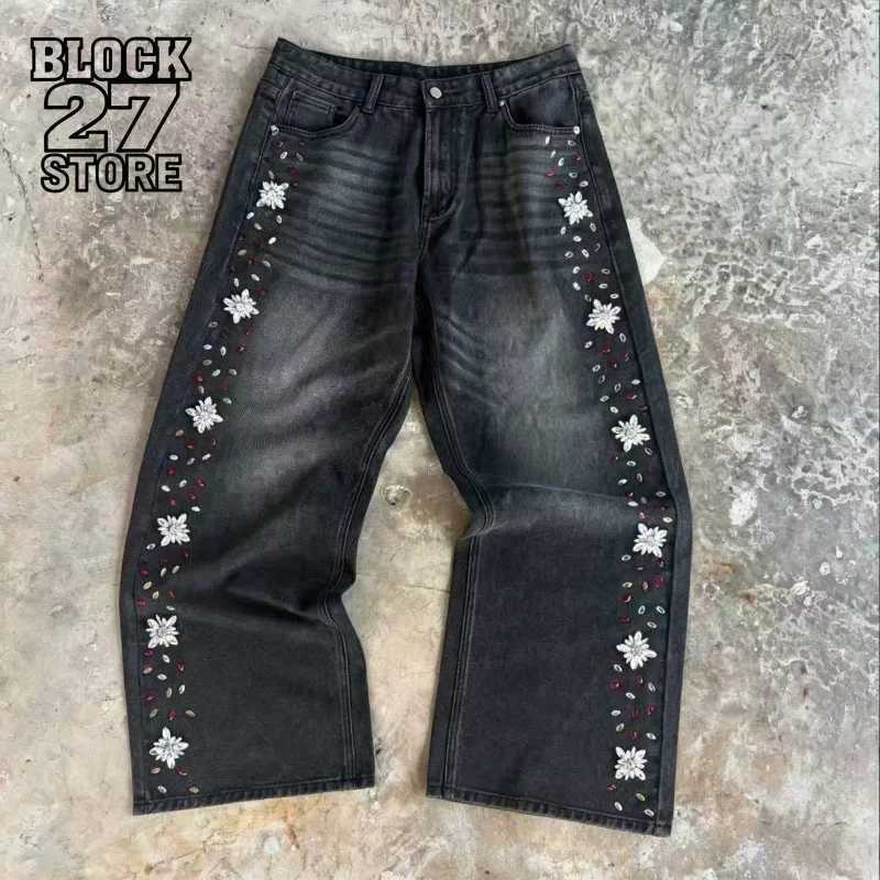 Mens Jeans Y2K Rhinestone Wide Leg Denim Pants Harajuku Unisex Loose Fit Straight Leg Streetwear Casual Fashion Trend Arrival T260410