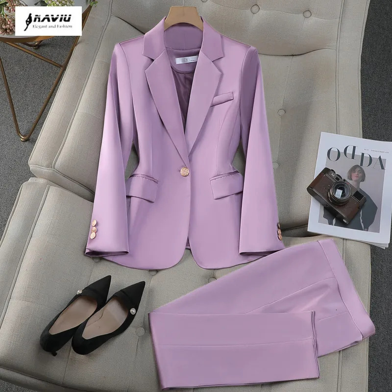 NAVIU Purple Suits Women Spring Autumn Temperament Fashion Slim Long Sleeve Blazer And Pants Office Ladies Work Wear Black 260613