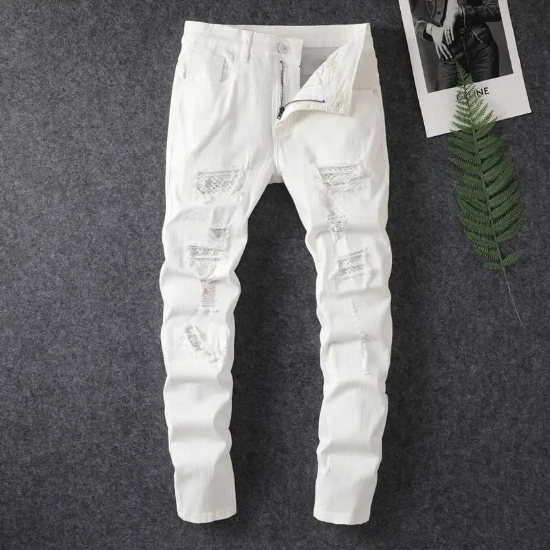 2024 spring and summer hot selling mens white distressed hot drilling jeans slim fit stylish American high street trendy jeans T260410