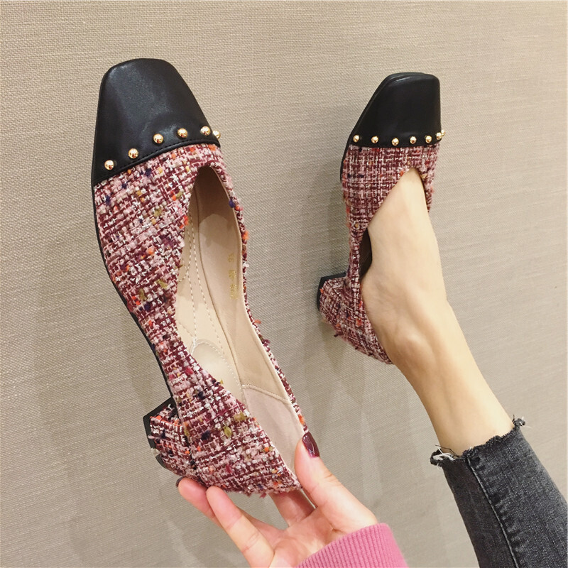 2026 Designer Slide Designer Dress Women Formal Shoes sandal Costume Tueed Rivets Pumps Spring Retro Low Heels Working Female Shallow Mouth Ladies L