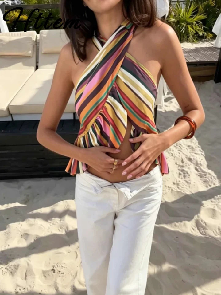 Sexy Striped Womens Vest Halter Sleeveless Ruffles Irregular Lady Vest Summer Fashion Female Street Vacation Tops 260612