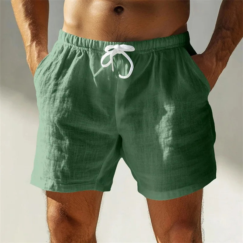 Summer Loose-fit Cotton Linen Breathable Five-point Pants Mens Casual Sports Elastic Waist Drawstring Linen Shorts 260613