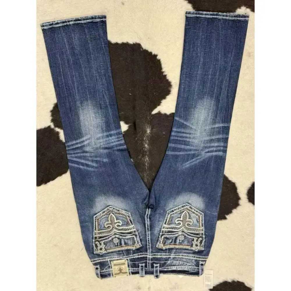Retro trendy brand washed high elastic wide leg flared jeans Y2K summer blue embroidery American Gothic new fashion heavy street T260410