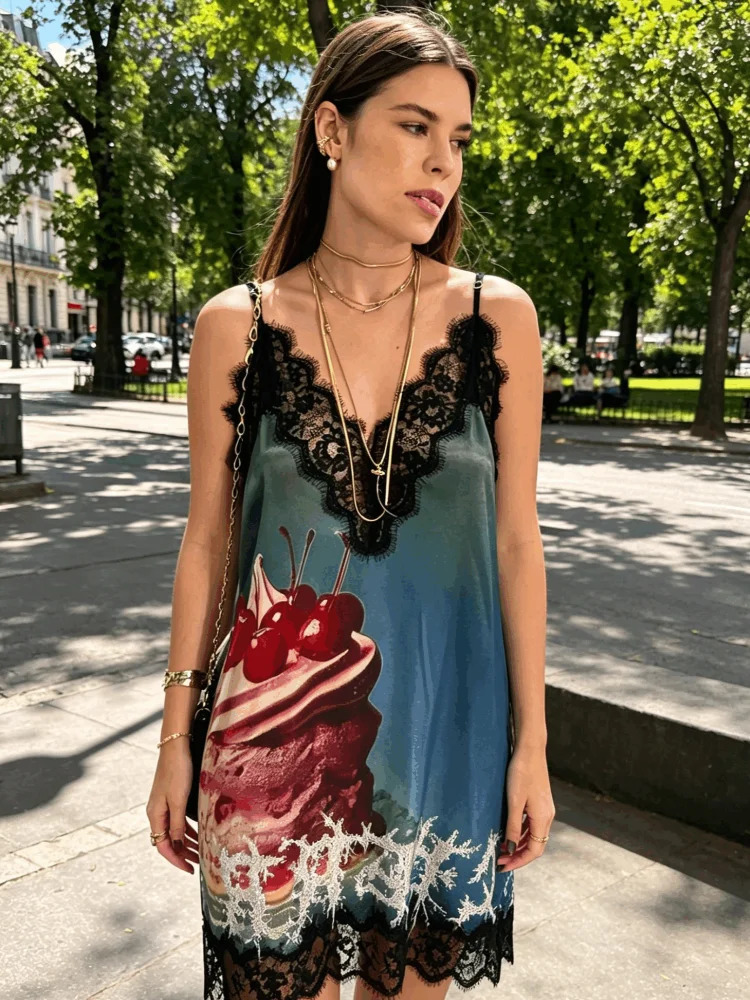 Elegant Satin Floral Printed Lace Tirm Women Dress Sexy V-neck Sleeveless Loose Short Vestidos Summer Lady Party Outfits 260612