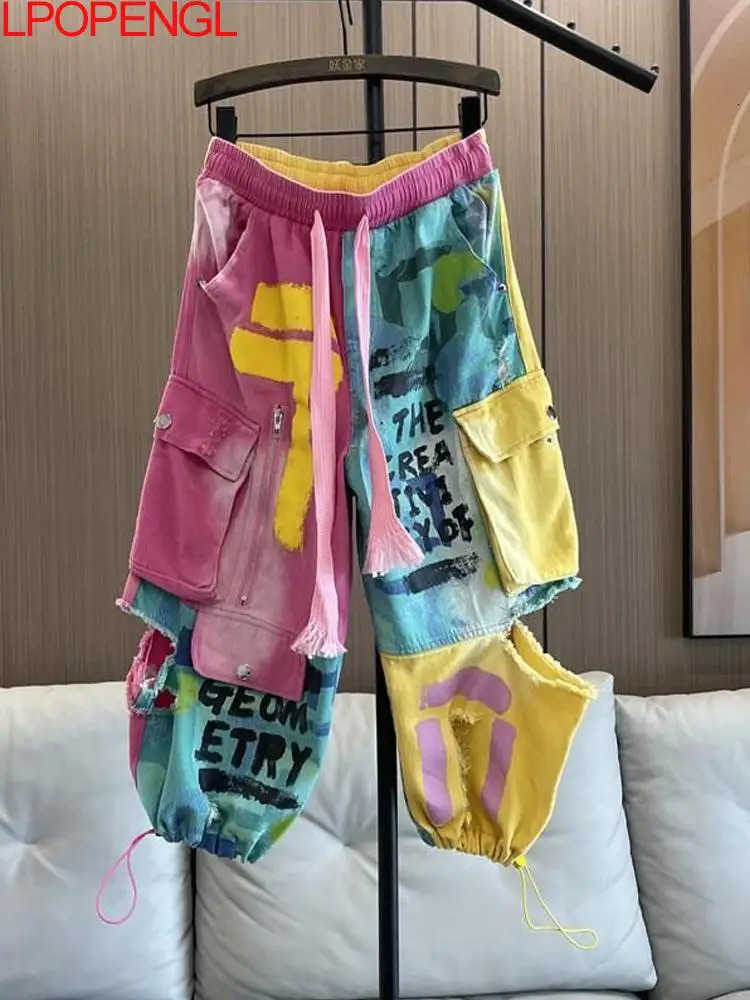 Personality Hip Hop Patchwork Pockets Jeans Spring And Summer Drawstring Ripped Streetwear Straight Leg Harem Pants 260608