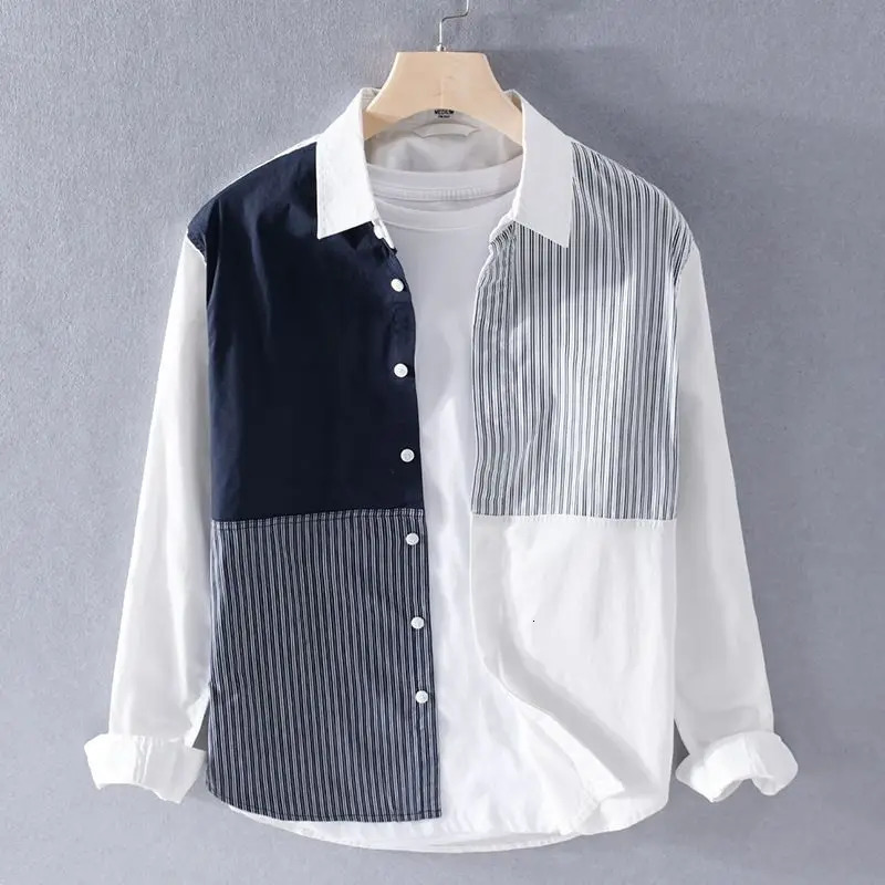 Spring Autumn Fashion POLO Collar Long Sleeve Patchwork Mens Clothing Blouse Color Blocking Striped Korean Single Shirts 260612BANJIA