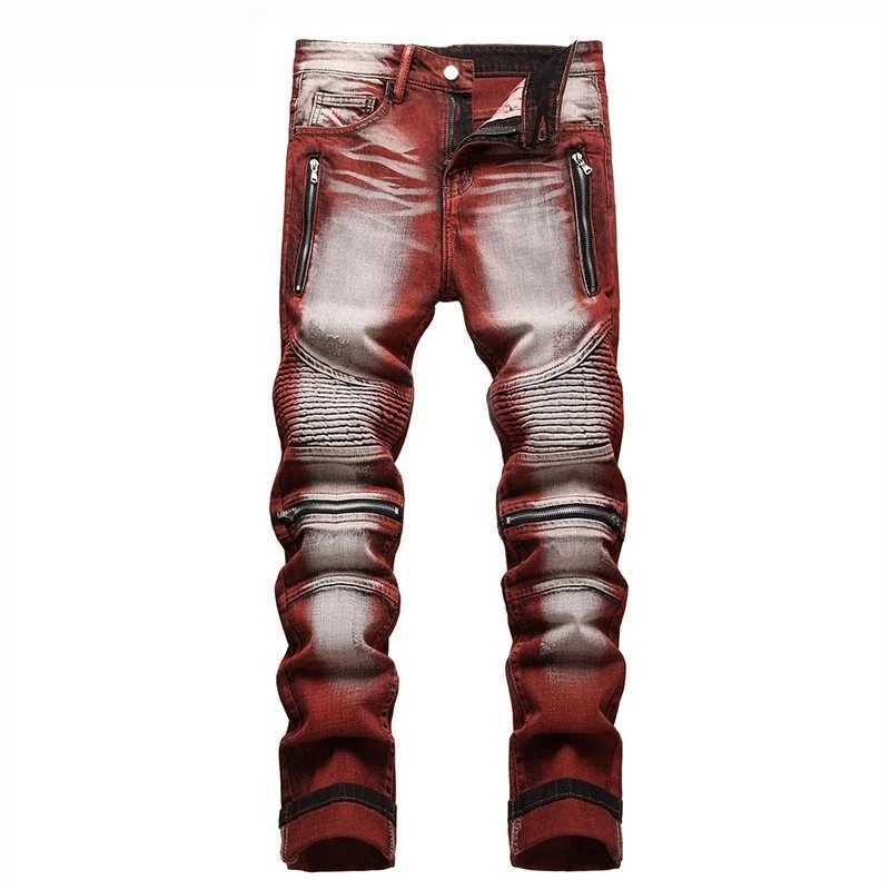 American Style Motorcycle Mens Jeans Y2k Streetwear 95 Cotton Pleated Zipper Design Slim Wine Red Jeans Vintage Pencil Pants T260410