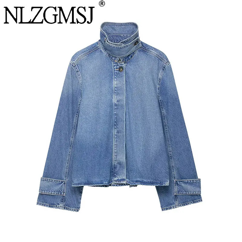NZLGMSJ 2026 Spring Womens Street Fashion Denim Jackets Long Sleeves High Neck Casual Denim Jacket Coats 260609