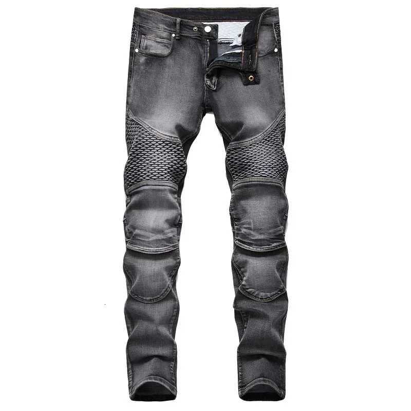Mens New Casual Motorcycle Jeans Hip Hop Street Riding Stretch Slim Fit Straight Pants Patchwork Fashion Denim Trousers Male T260410
