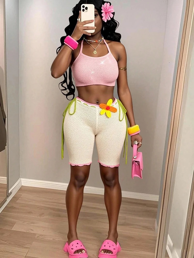 Womens Spring/Summer Crochet Knit Color-Block Hollow-Out Shorts 3D Floral Decor Sexy Beach Babe High-Waist Wide-Leg Pants 260612