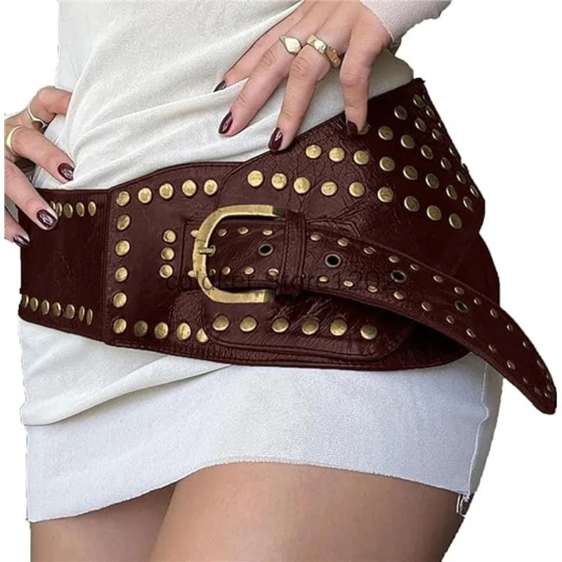 Women Rivet Wide Boho PU Leather Belt for Women Vintage Western Black Brown Belt Y2k Grunge Accessories 260612