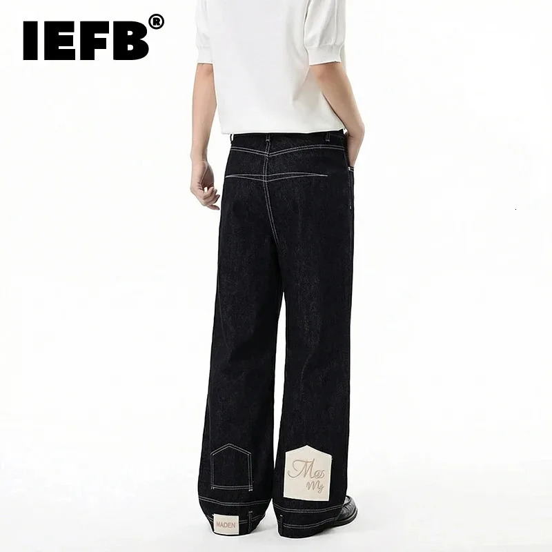 IEFB Minimalist Mens Jeans Contrast Stitch Patch Detail Dark Wash Wide Leg Fit Casual Streetwear Denim Long Pants 9X2885 260610