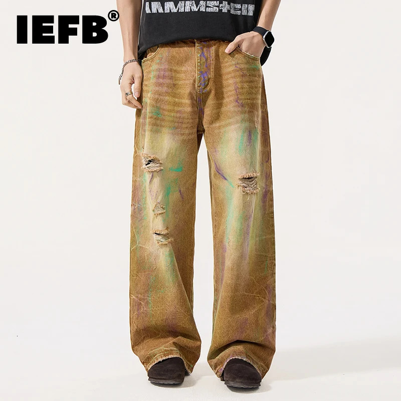 IEFB American Style Mens Jeans High Street Colorblock Washed Distressed Ink Splash Vibe Hole n Denim Long Pants 9X2337 260610