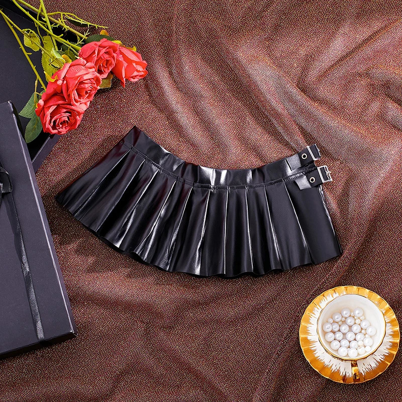 Sexy PU Leather Pleated Skirt Women Solid Basic Mini Skirt Low Waist Skirt Female Nightwear Micro Bikini Skirts Nightclub Skirts 260612