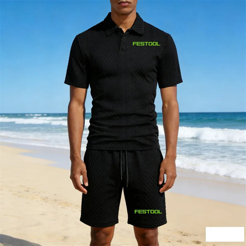 Cool and breathable mens Tshirt set Festool tools print Summer fashion classic polo shirt shorts 2piece
