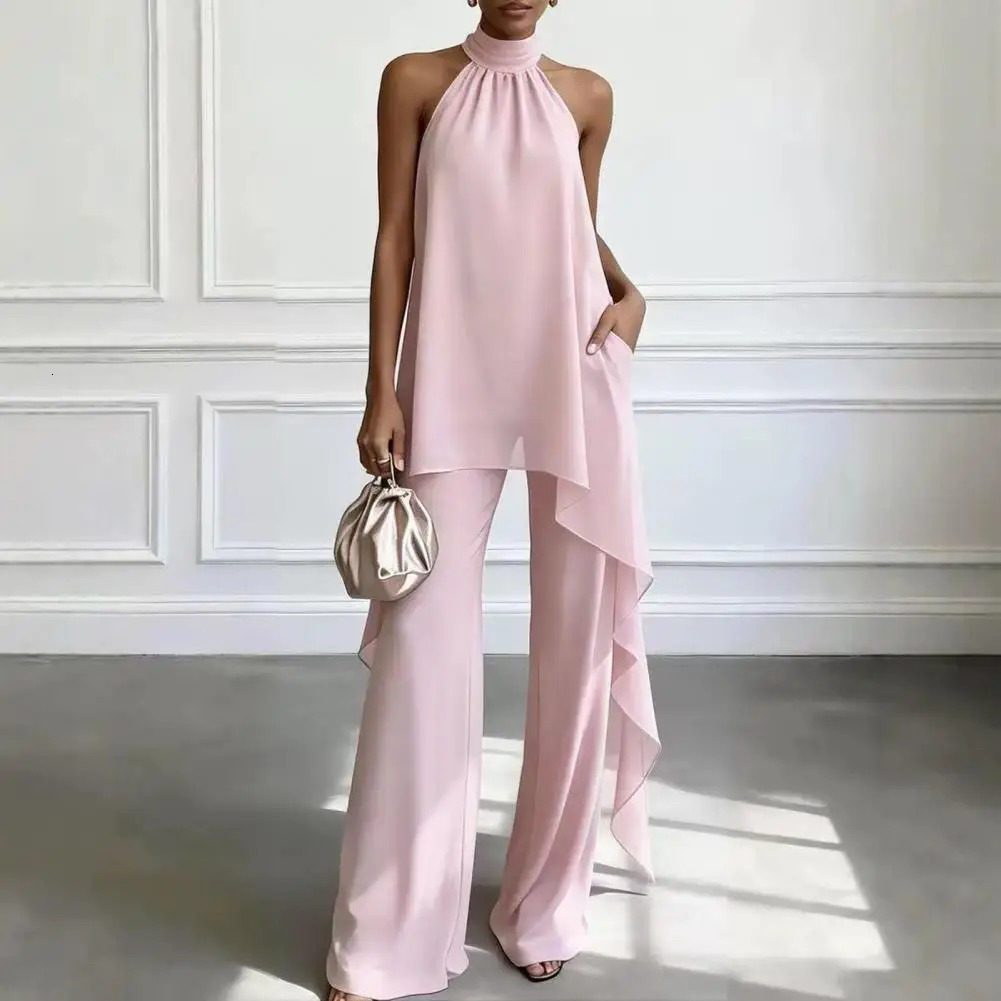 Womens Chiffon 2 Piece Sets Sleeveless Tops with Wide Leg Pants Summer Outfits Casual Vacation Lounge Matching Set Women 260609