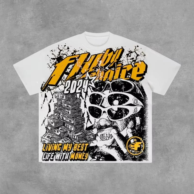 Mens Y2K retro oversized T-shirt and womens top Fly By Choice live my life with money Pattern 100 pure cotton T-shirt 260613