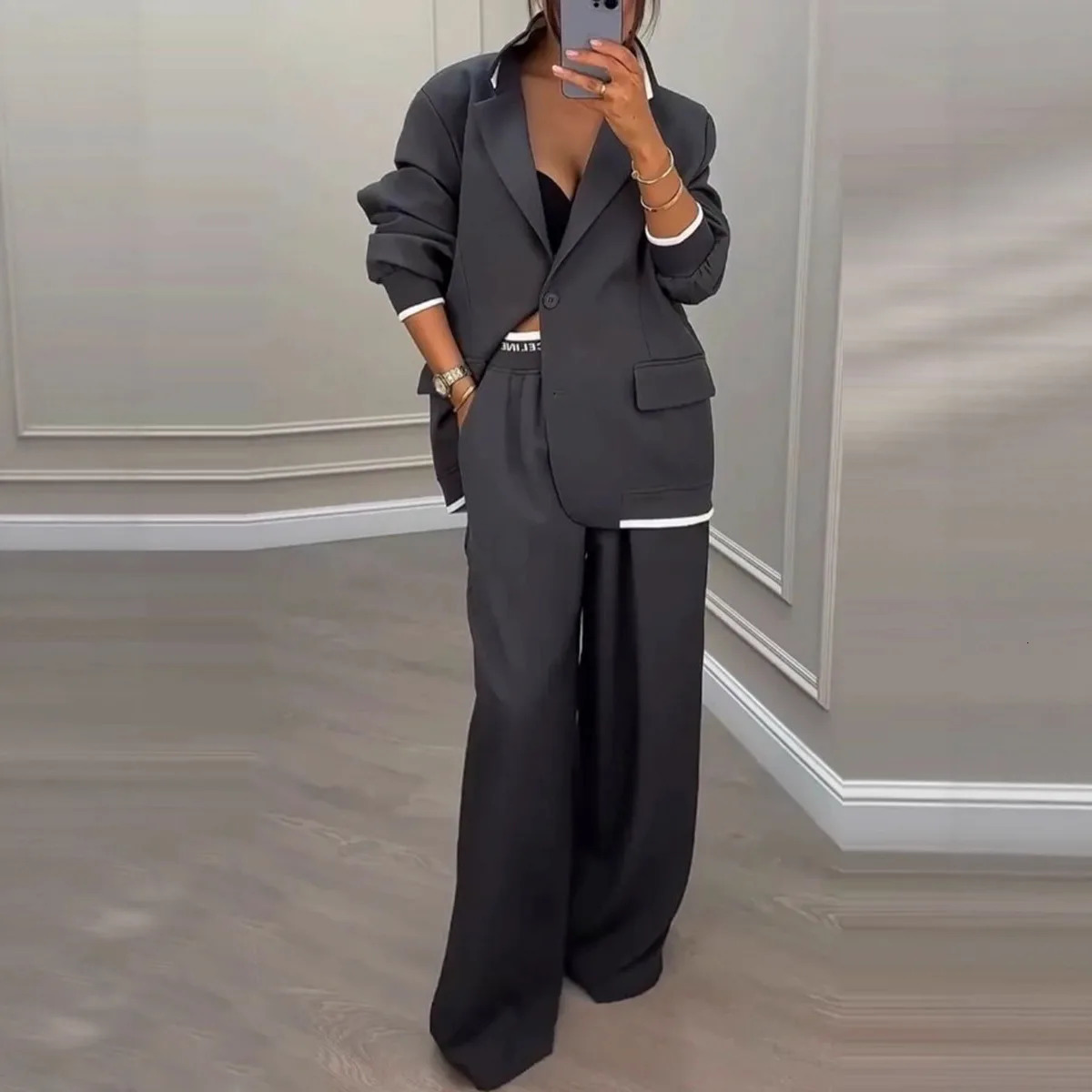 Autumn Winter Blazer Jacket Set Woman Elegant Single Button Lapel Cardigans Wide Leg Trousers Suit Solid Office Outfit 260613