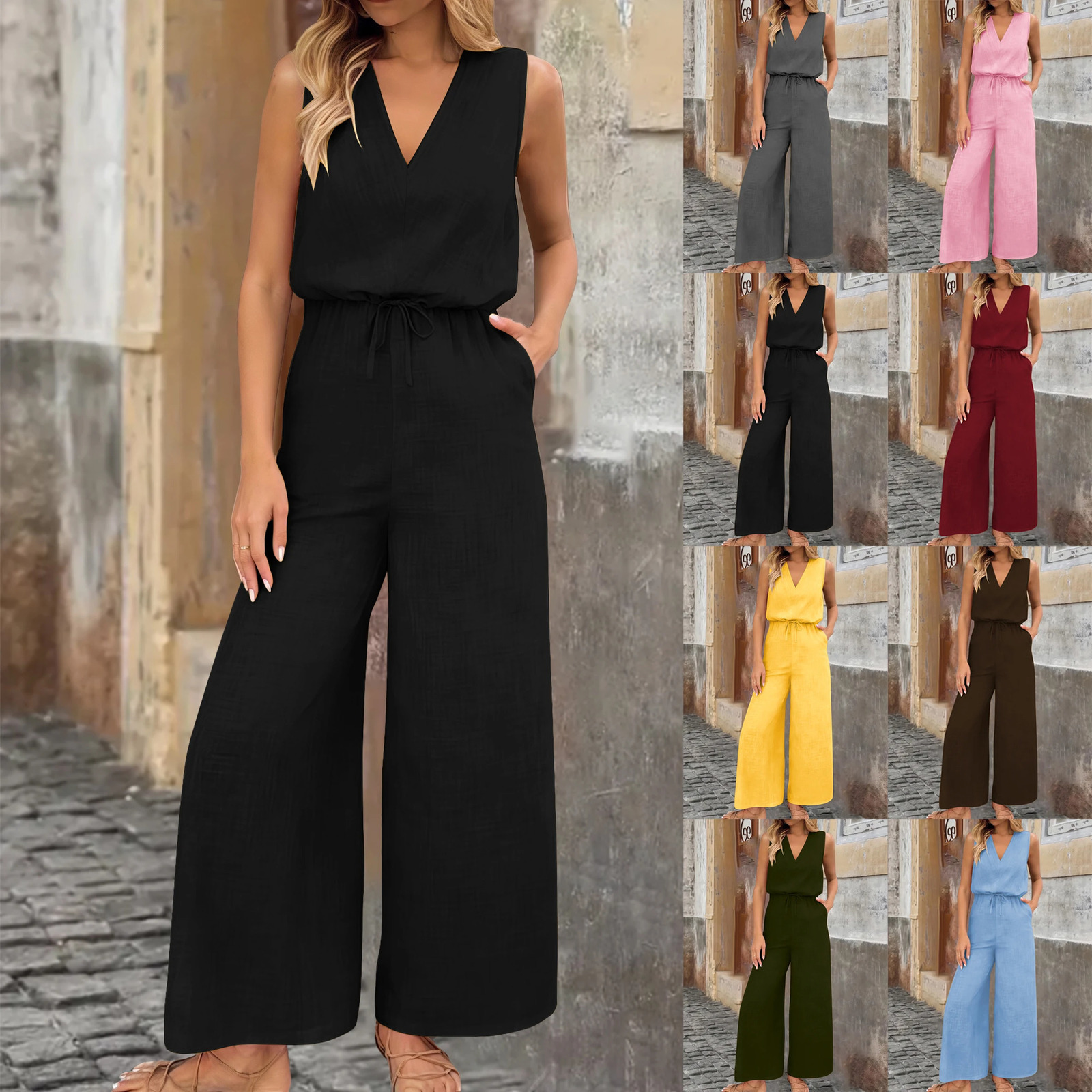 Womens Cotton Linen Woven V-Neck Loose Jumpsuit with Belt and Pockets 260608