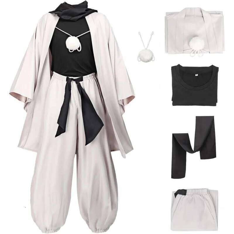 C-ZOFEK Anime Cosplay Haori Kimono Jacket Pants Black Stretchy Top with Scarf for Men Costume US SIZE
