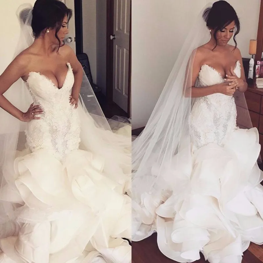 Hot Fashion Mermaid Wedding Dresses Sweetheart Heavy Bodice Organza Ruffles Plus Size Wedding Dress Bridal Gowns Pearls Beaded Lace Up Cheap RR1290