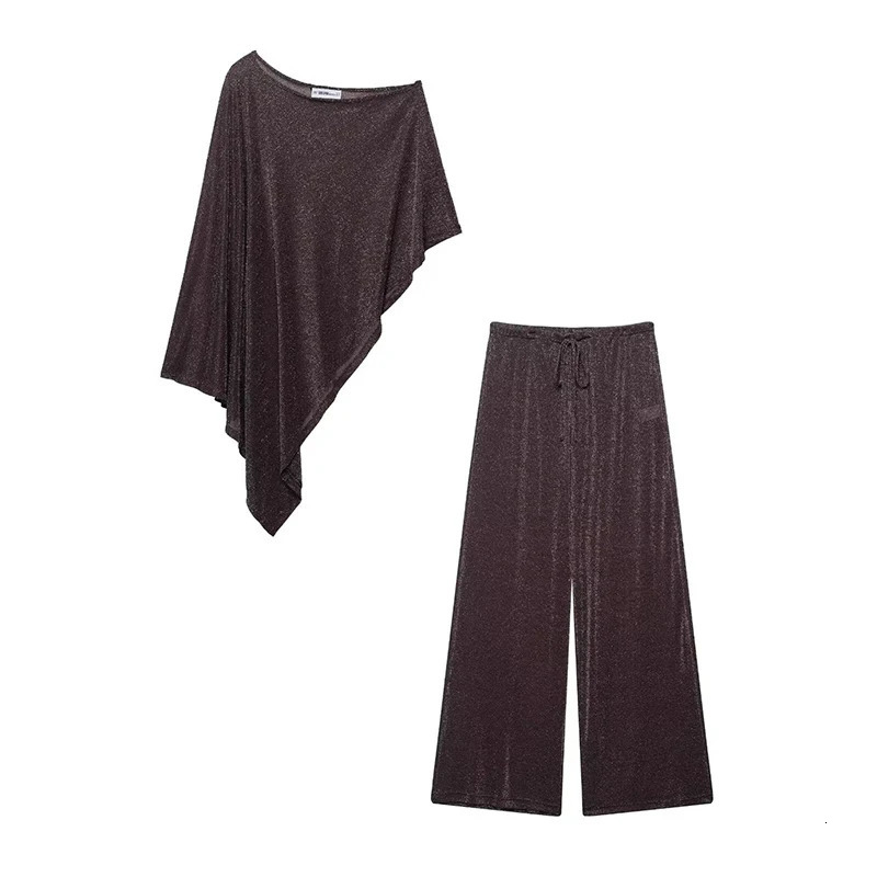Willshela Women Fashion 2 Piece Set Coffee Pullover Shirts Vintage High Elastic Waist Trousers Feamle Chic Lady Pants Sets 260609