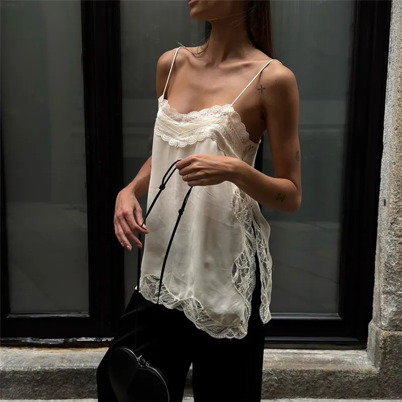 hirigin Women Lace Trim Satin High Low Tops Silk Spaghetti Strap Side Split Asymmetrical Cami Top Flowy Silky Layering 260613