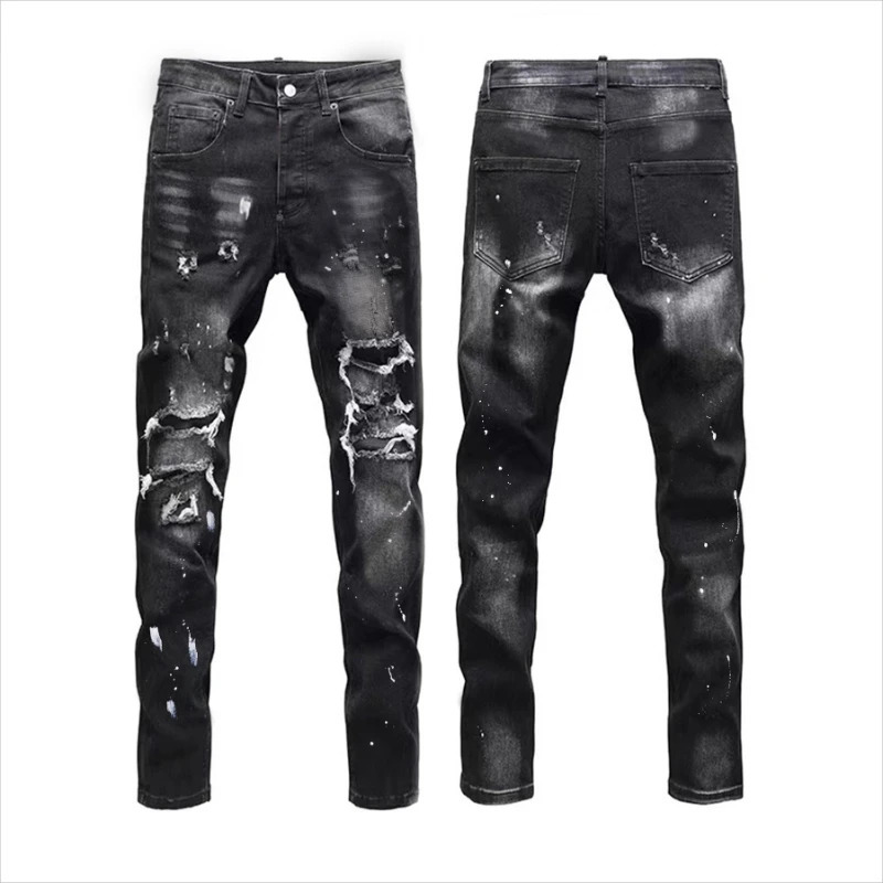 Vintage Washed Distressed Denim Jeans Men Paint Splatter Ripped Slim Fit Biker Trousers Street Style Hip Hop Pants for Guys 260612BANJIA