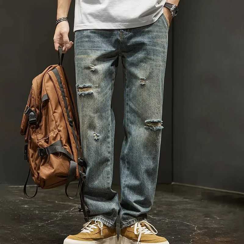 Korean Version Ripped Jeans MenS Autumn New Retro Casual Pants High Street Loose Straight Leg Pants T260410