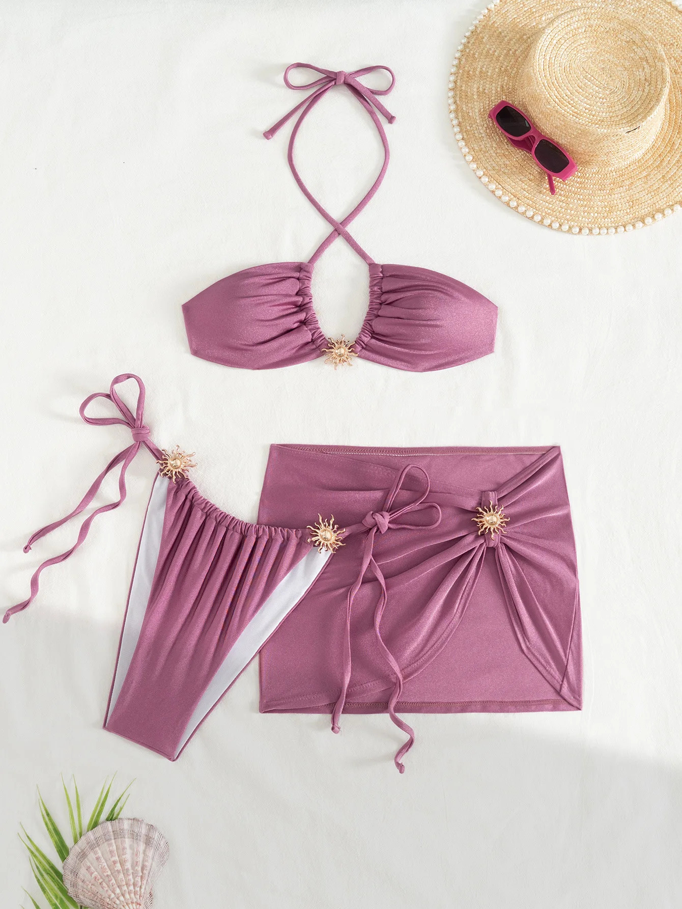 Sexy Metal Sun Ornament Bikini Women Purple Pleate Cross Push Up Mesh Skirt 3 Piece Swimsuit 2026 Beach Bathing Suit Swimwear 260612