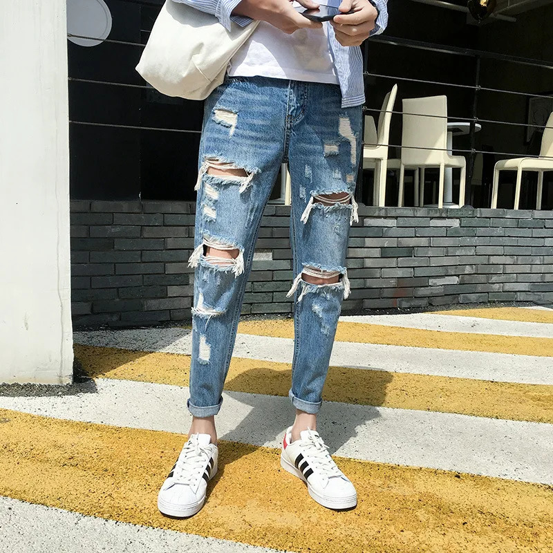 Summer Thin Fashion Casual Street Slimfit Jeans Mens Korean Ripped Ankle Length Pants Loose Teenagers Beggar 260608