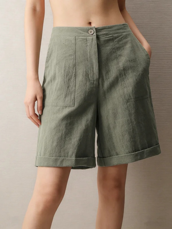 Womens High Waist Cotton Linen Blend Shorts Elastic Waist with Pockets Summer Casual Loose Wide Leg Rolled Hem Female Pants 260612