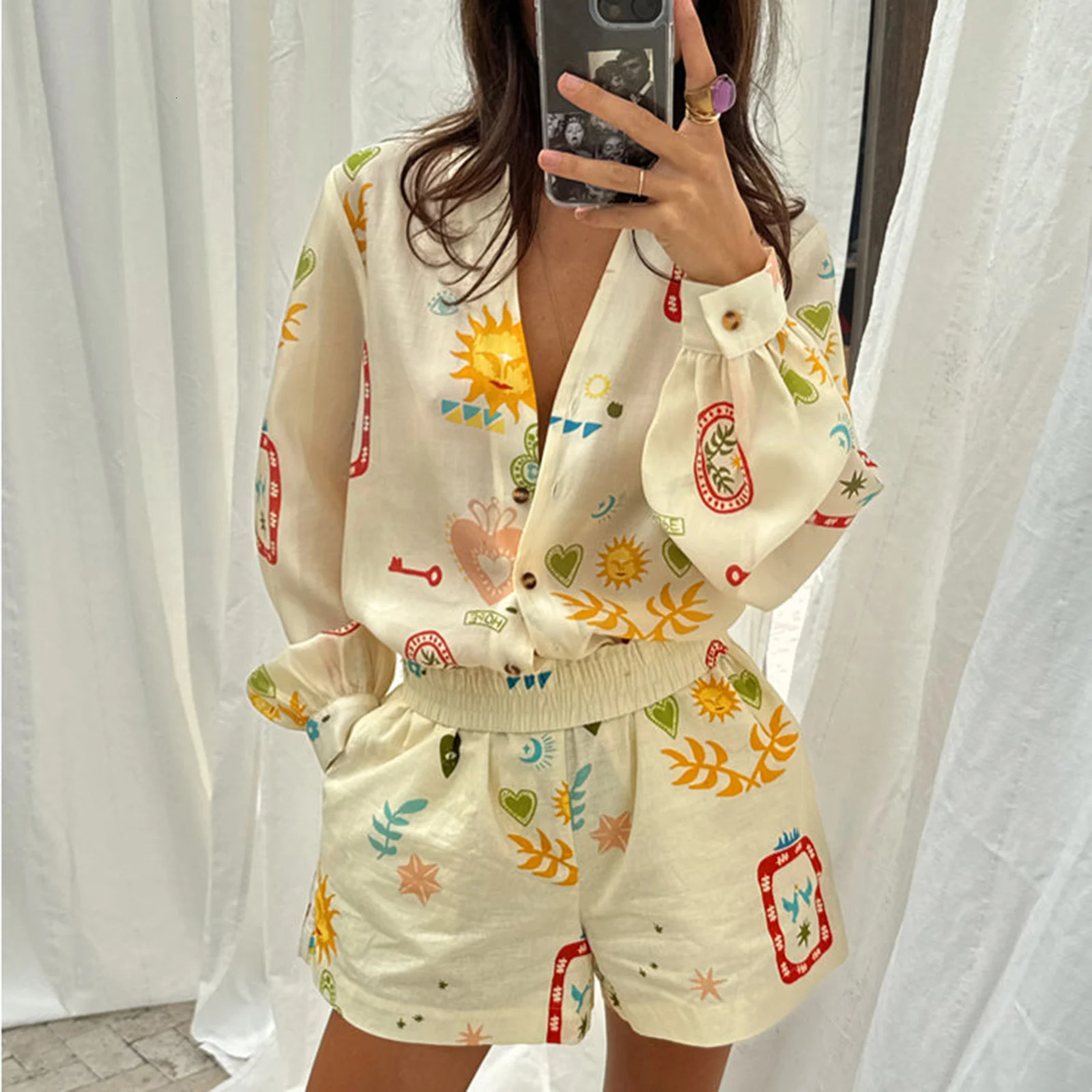 Indie Graphic Print 2 Piece Set Boho Beach Style Loose Fit Long Sleeve T-shirt Blouse Shorts Casual Lounge Outfit Women Suit 260612