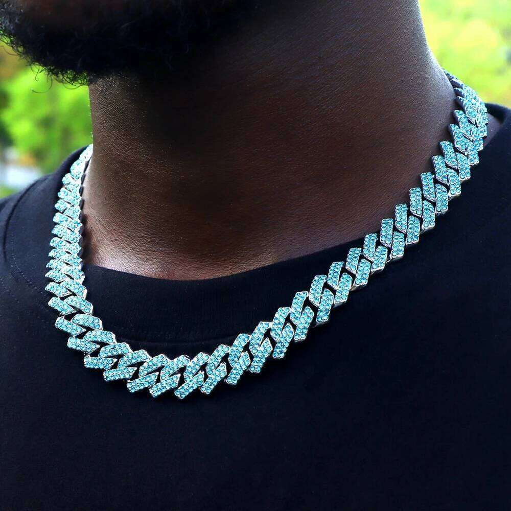 Cuban Chain Necklace for Men Women, Blue Rhinestone Iced Out Link Chain, Hip Hop Bling Jewelry W260613