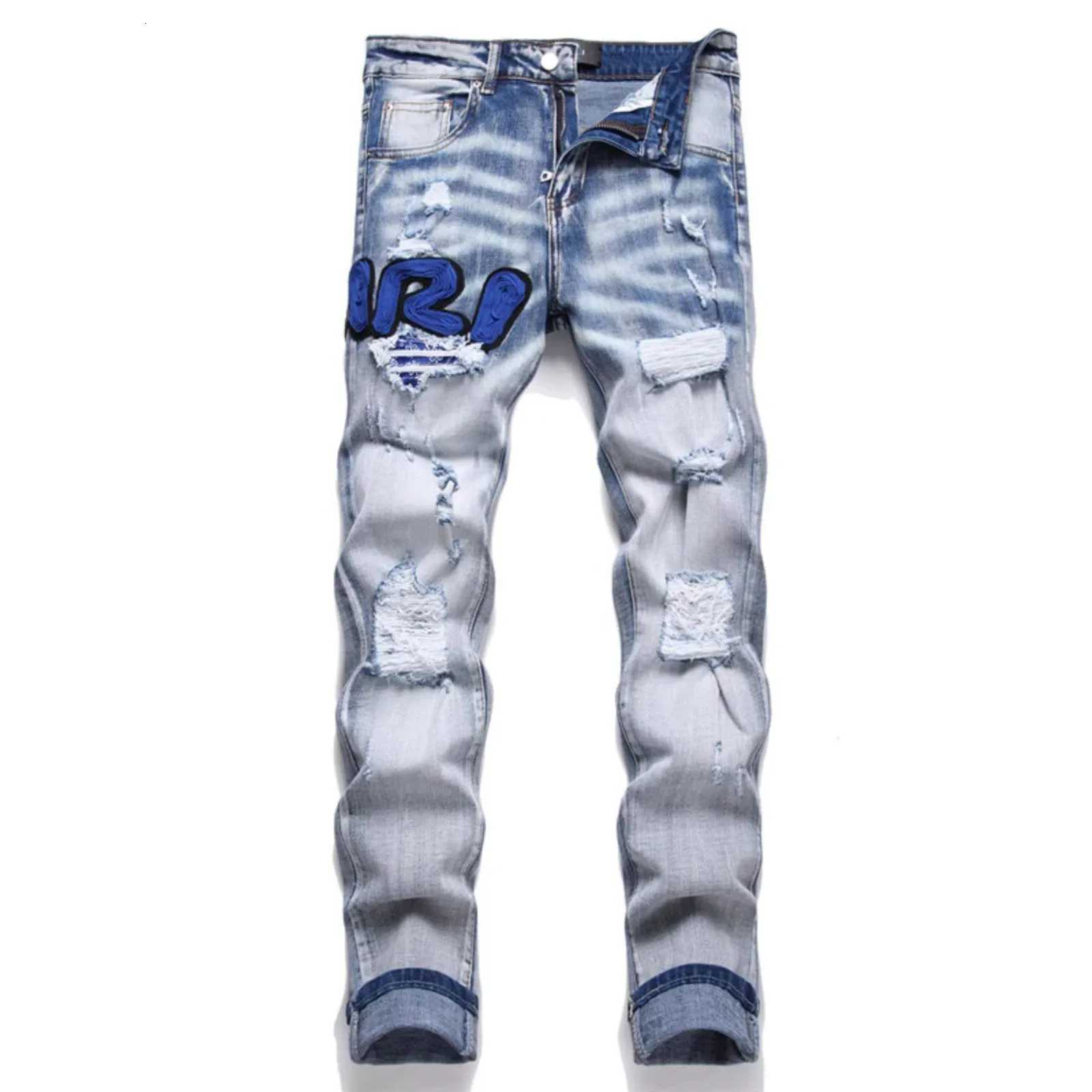 Vintage Ripped Jeans Distressed Destroyed Slim Fit Straight Leg Denim Pants Mens Embroidery Regular Denim Pants Y2k Streetwear T260410