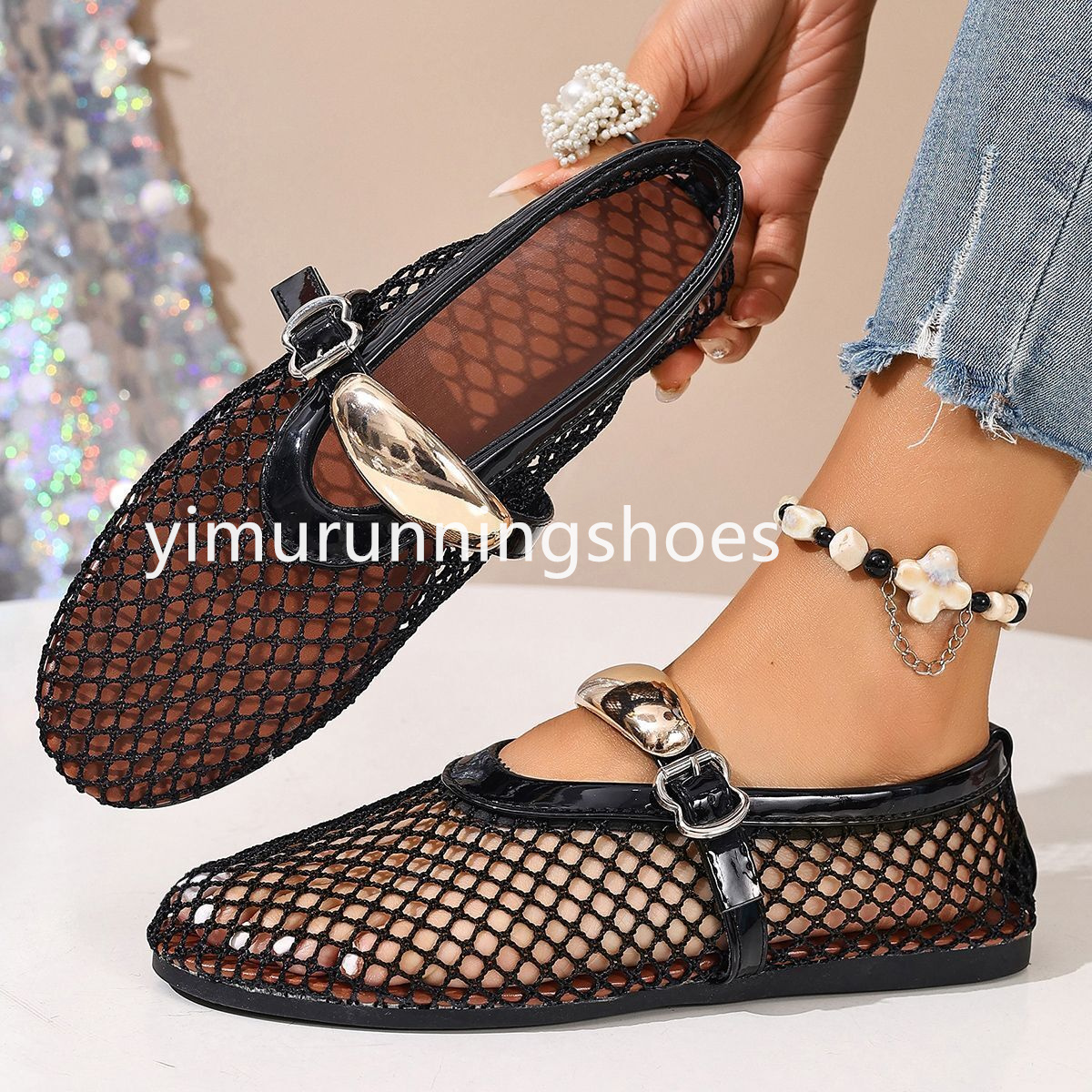 Black Ballet Female Summer New Flat Hollow Mesh Breathable Single Shoe Fishnet Shoes Sandals ddmythur t5
