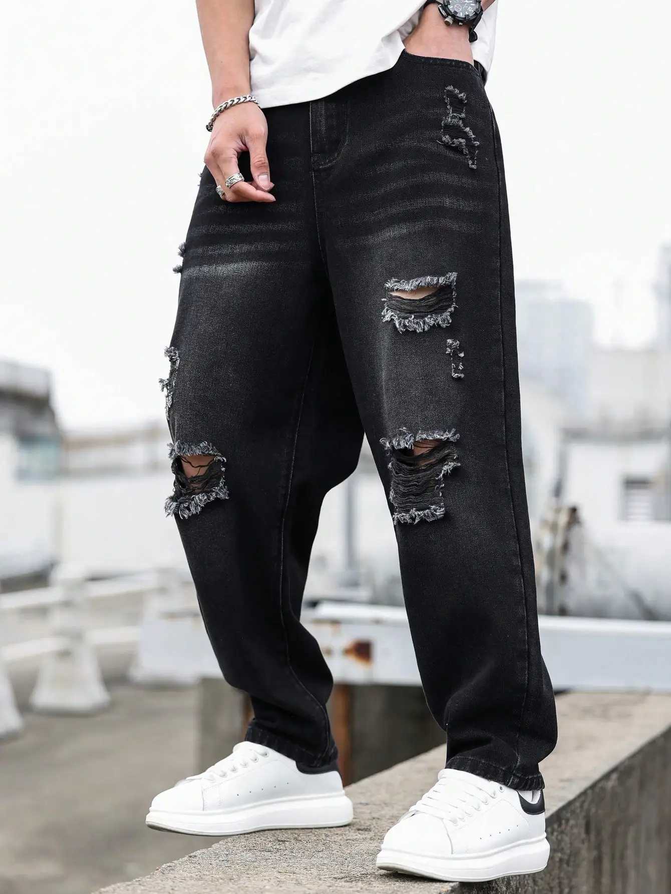 Mens Black Ripped Denim Harem Pants for Spring and Summer Stylish and Minimalist a Game - Changer for Lazy Outfits T260410