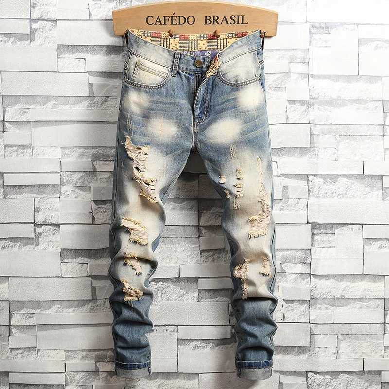 Distressed Ripped Jeans Mens Retro Blue Fashion Slim Motorcycle Trousers Male Hip-hop Street Male Hole Denim Pants T260410