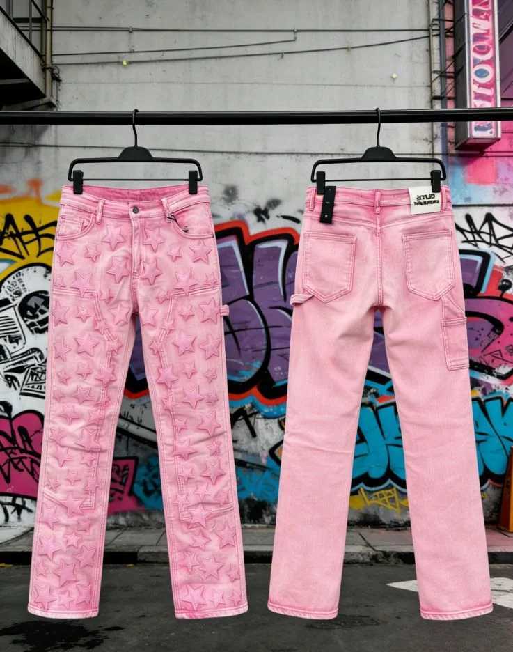 Pantaloni da uomo retrò alla moda di High Street con design a forma di stella a cinque punte, pantaloni in denim rosa, jeans dritti rock con persona