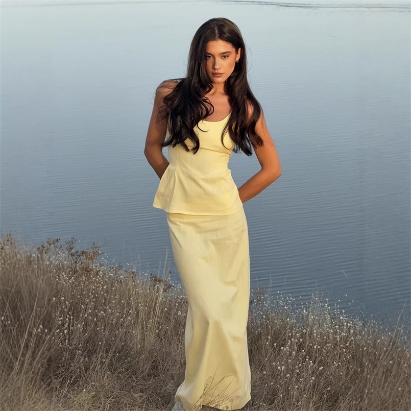 Bornlades 2026 Spring Cotton Strap Skirt Set Summer Style Thin Belt Waist Top and Fishtail Skirt Long Skirt Set 260604CJ