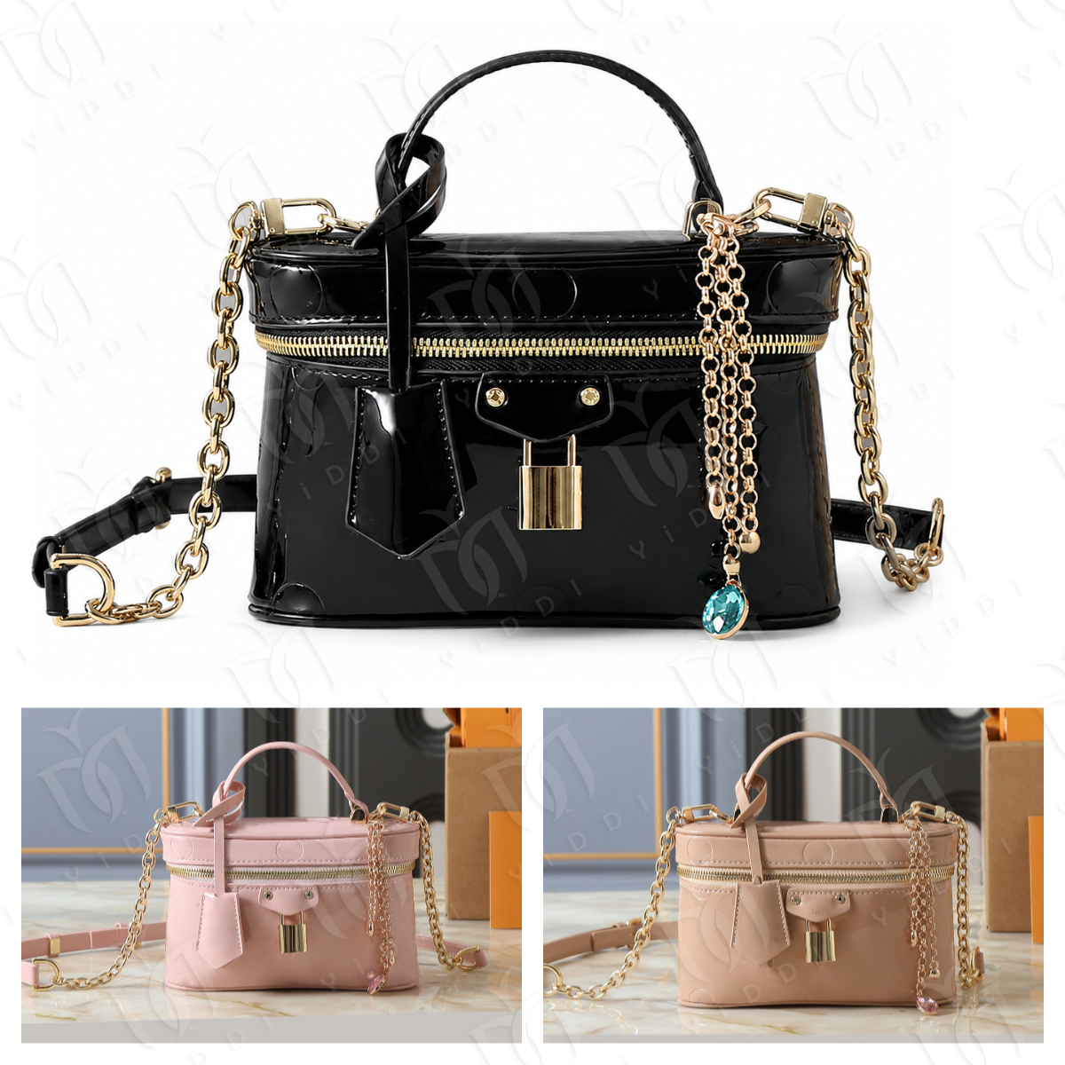 Designer Patent Leather mini Cosmetic Box Vanity Chain Pouch Glossy Embossed Monogram Vanity bag Top Handle Makeup Case Luxury Chain Box Shoulder ba