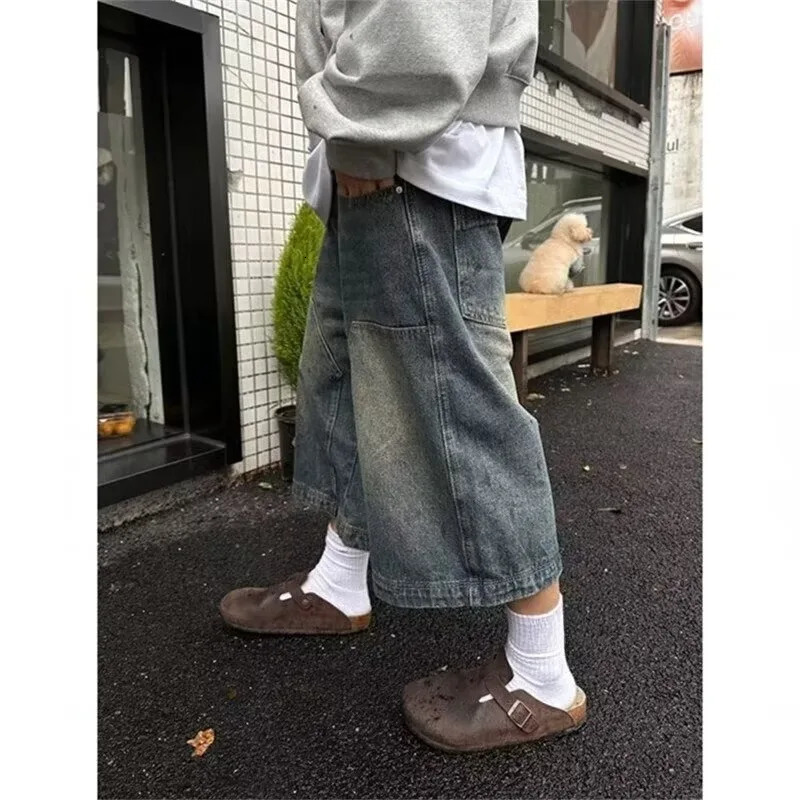 Retro washed high street denim student shorts mens and womens straight wide legs old casual versatile cropped pants 260612