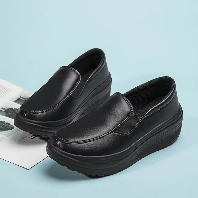 Womens Shoes Spring Genuine Leather Soft Outsole Work Shoes Female Black Swing Shoes Woman Plus Size Wedges Single Shoes 260613